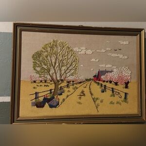 Framed Embroidered Crewel Landscape Art